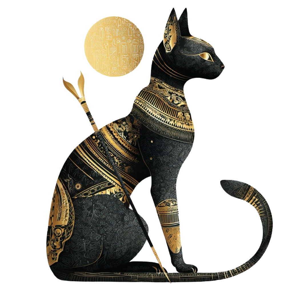 佩戴古埃及金飾、側身端坐的純黑貓芭絲特